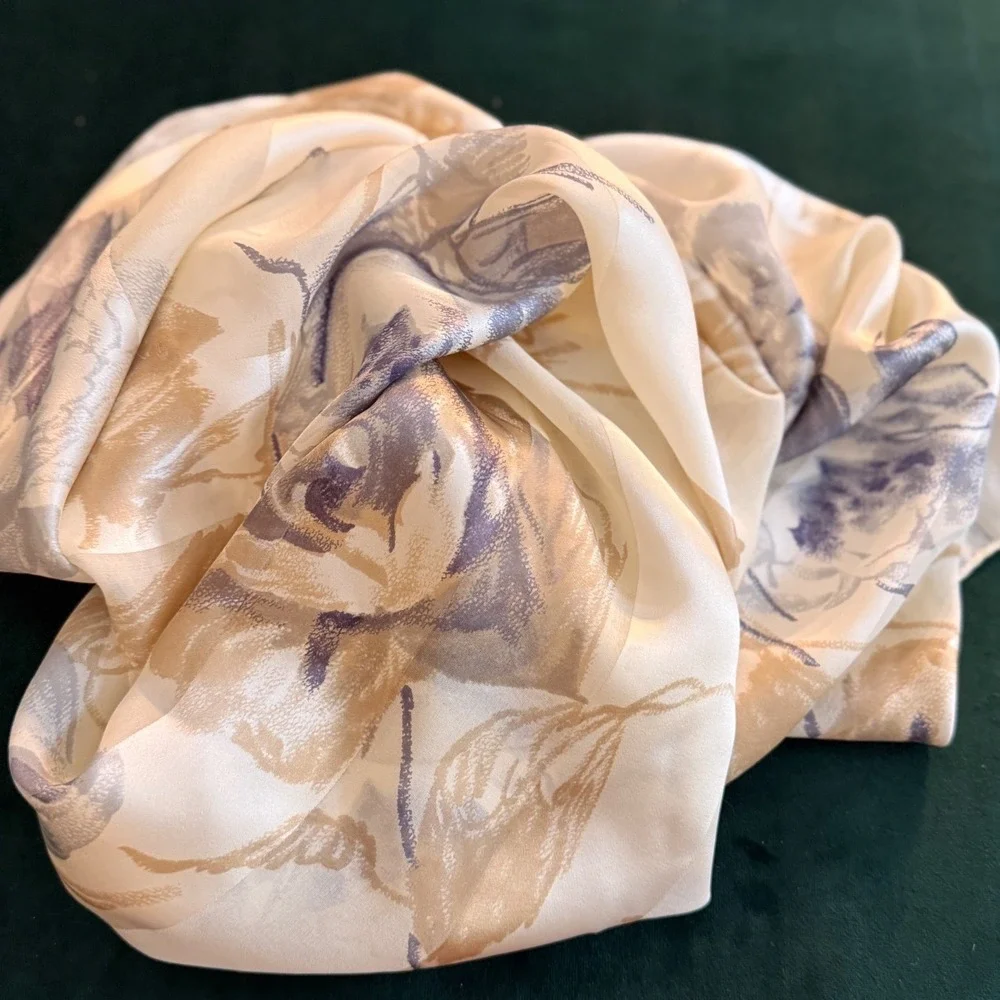 Ellen Tracy 100% Silk Floral Rose Stripe Square Scarf Neutral Gray 35 Inch